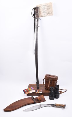 Lot 179 - WW2 RAF group comprising Japanese sword, kukri knife, medals and binoculars