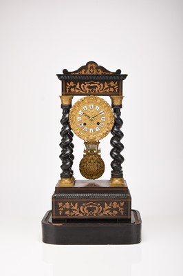 Lot A French ebonised portico mantel clock, late 19th century