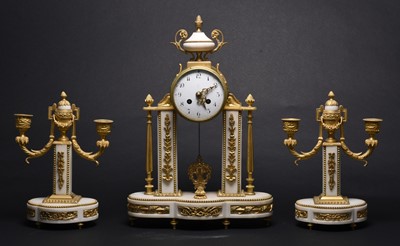 Lot 75 - A French alabaster and ormolu portico clock garniture