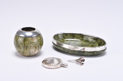 Lot 99 - A silver mounted green onyx ashtray and match striker and a perfume flask