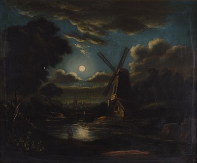 Lot 121 - British School (19th-early 20th Century) Moonlit river scene with a windmill