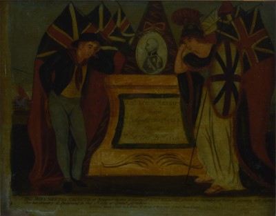 Lot 157 - Early 19th Century Reverse Glass Mezzotint Britannia and John Bull Beside Lord Nelson's Tomb