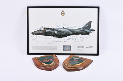 Lot 187 - RAF - Signed Harrier 1(F) Squadron print and two mess plaques