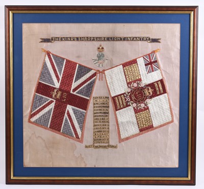 Lot 110 - 1st Battalion KSLI embroidery with battle honours, circa 1919