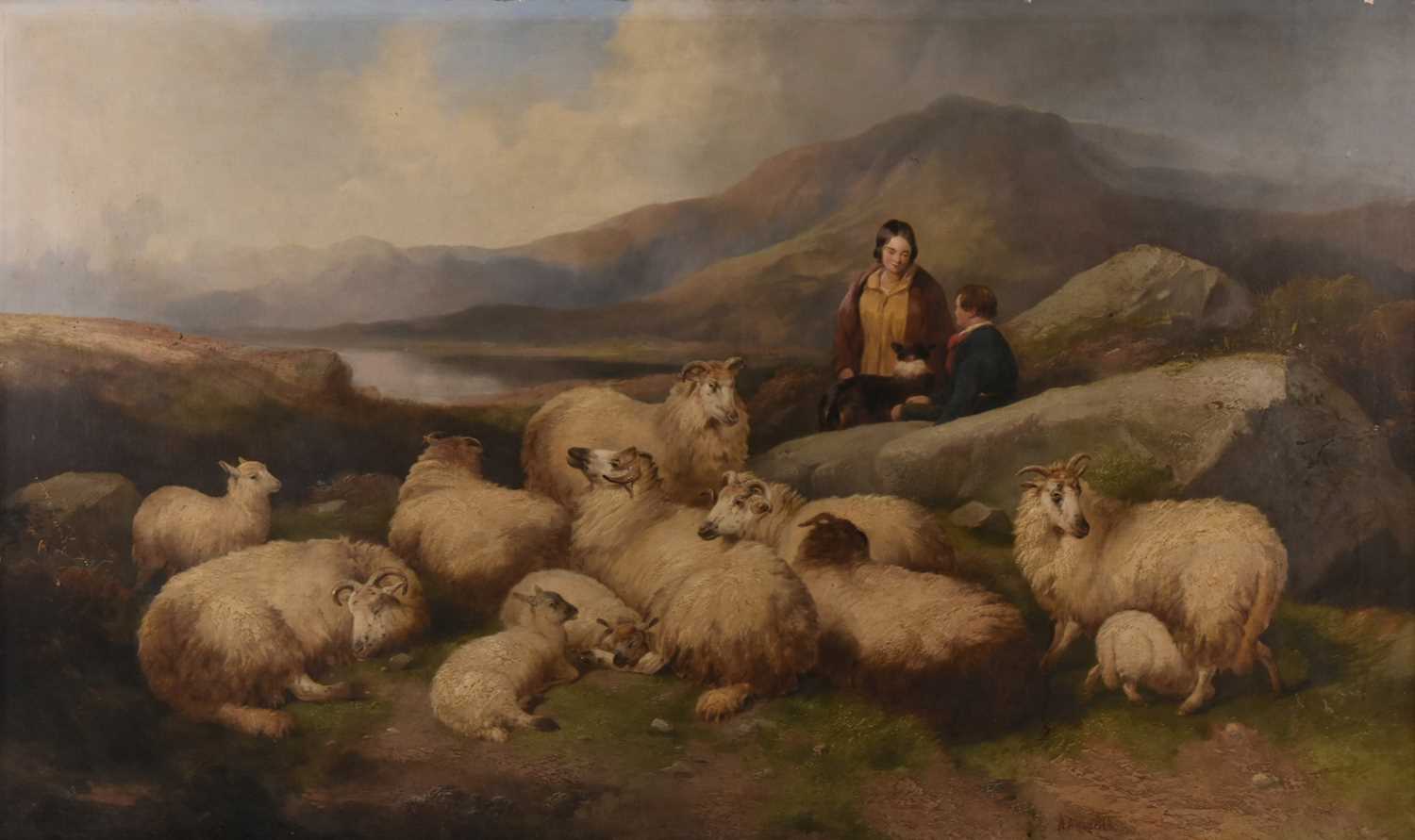 Lot 20 - Richard Ansdell (1815-1885) A Flock of Sheep Resting on a Hillside