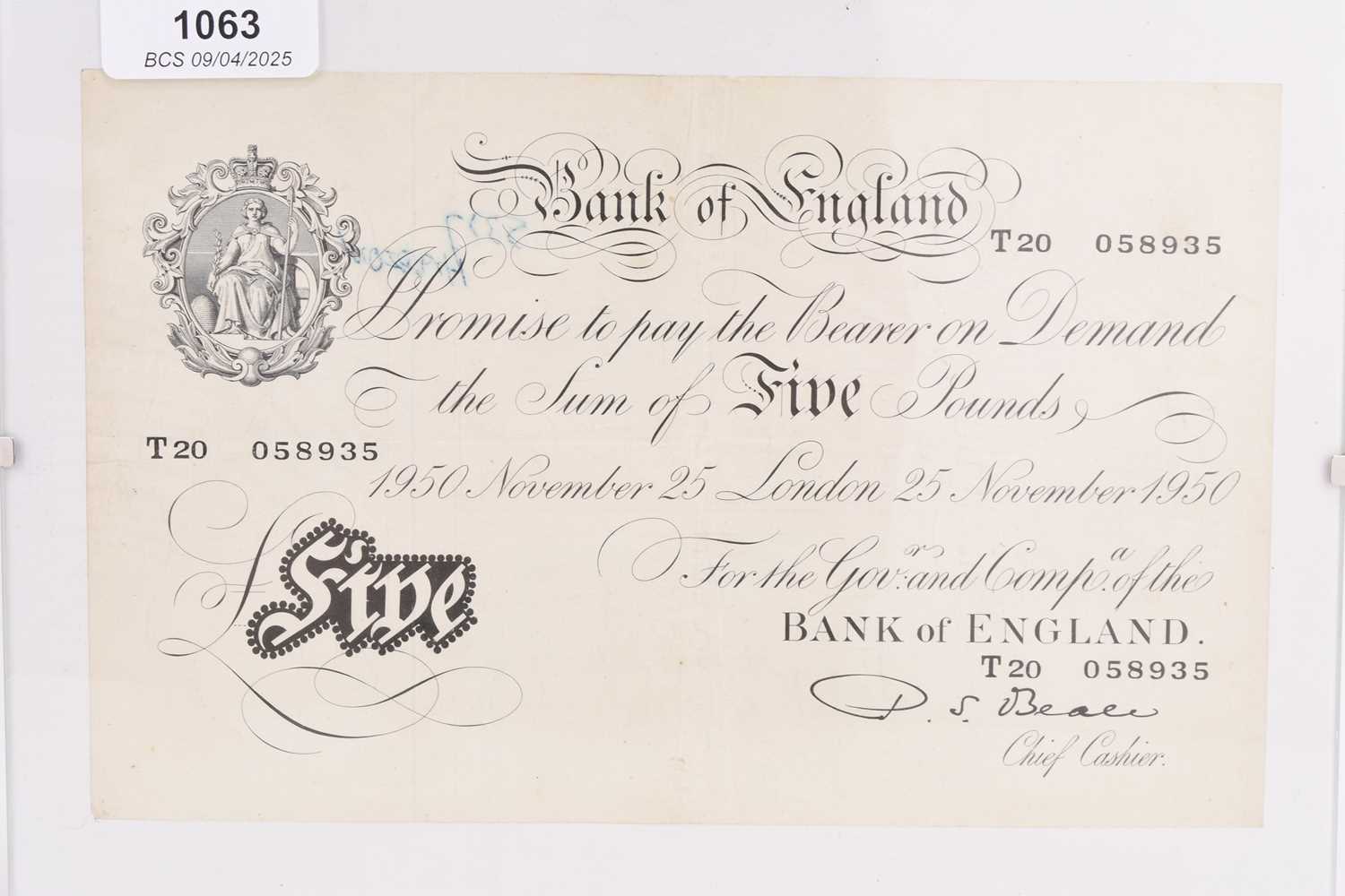 Lot 240 - Bank of England white five pound note