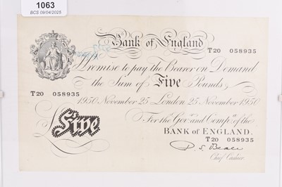 Lot 240 - Bank of England white five pound note