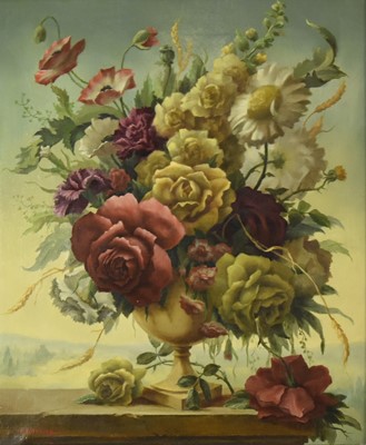 Lot 409 - R T Horley (20th Century) Still Life with Roses, Poppies, Sweet Williams and Daisies in a Vase