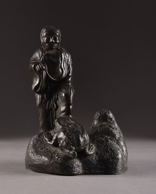 Lot 203 - A Japanese bronze figure of an oni with a toad, Meiji era