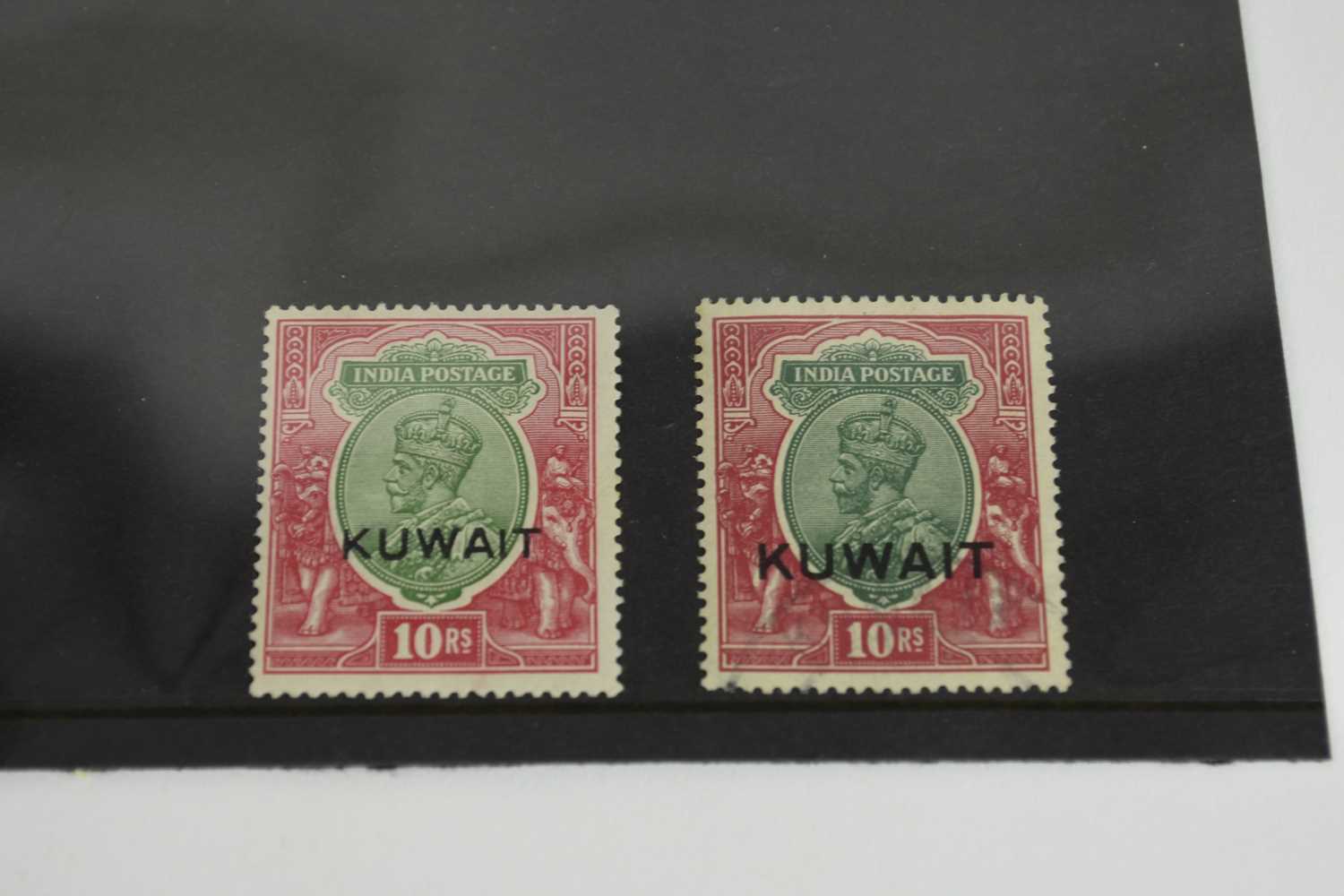 Lot 363 - Kuwait, stamps, 1923 10Rs (SG15) x2, one vfu, one mm but with light vertical crease. Cat £825.