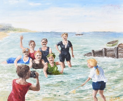 Lot 16 - Fred Wilde (1910-1986) One For Posterity, Bathers in the Sea