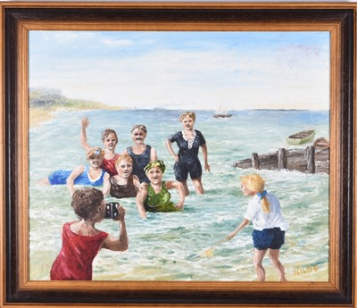Lot 16 - Fred Wilde (1910-1986) One For Posterity, Bathers in the Sea