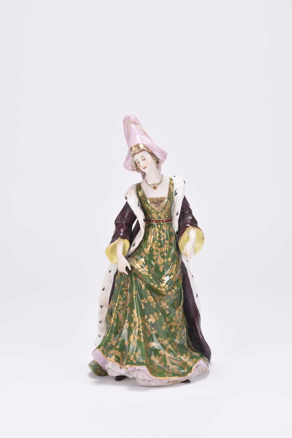 Lot 14 - A Dressel Kister & Cie porcelain figure of a medieval lady, circa 1900-20