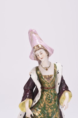 Lot 14 - A Dressel Kister & Cie porcelain figure of a medieval lady, circa 1900-20