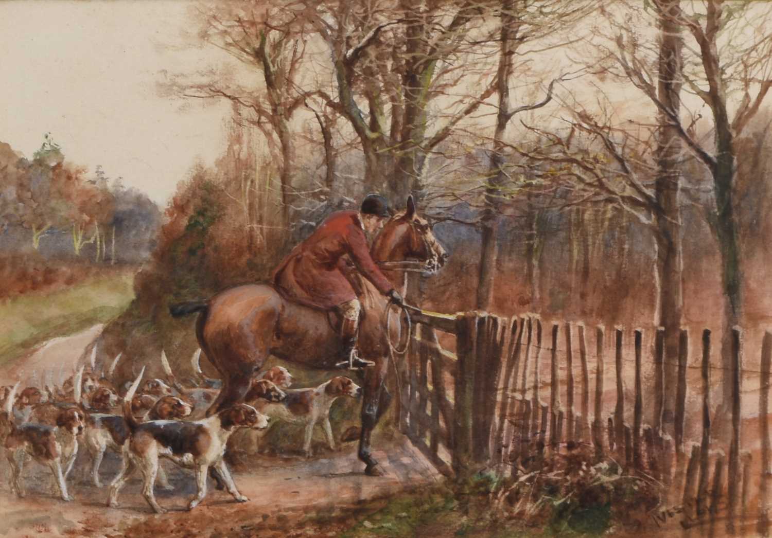 Lot 31 - Thomas Ivester Lloyd (1873-1942) Entering Covert, Huntsman and Hounds at a Gate
