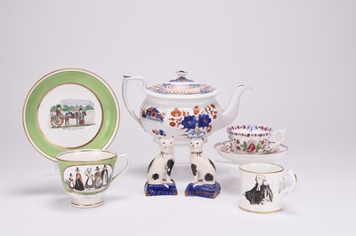 Lot 30 - Ceramics including Staffordshire and a teacup and saucer retailed by William Crapper, Swansea