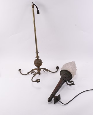 Lot 141 - A bronze alloy torch wall light and a brass pendant chandelier