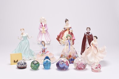 Lot 95 - Royal Doulton, Coalport and Royal Worcester ladies together with glass paperweights