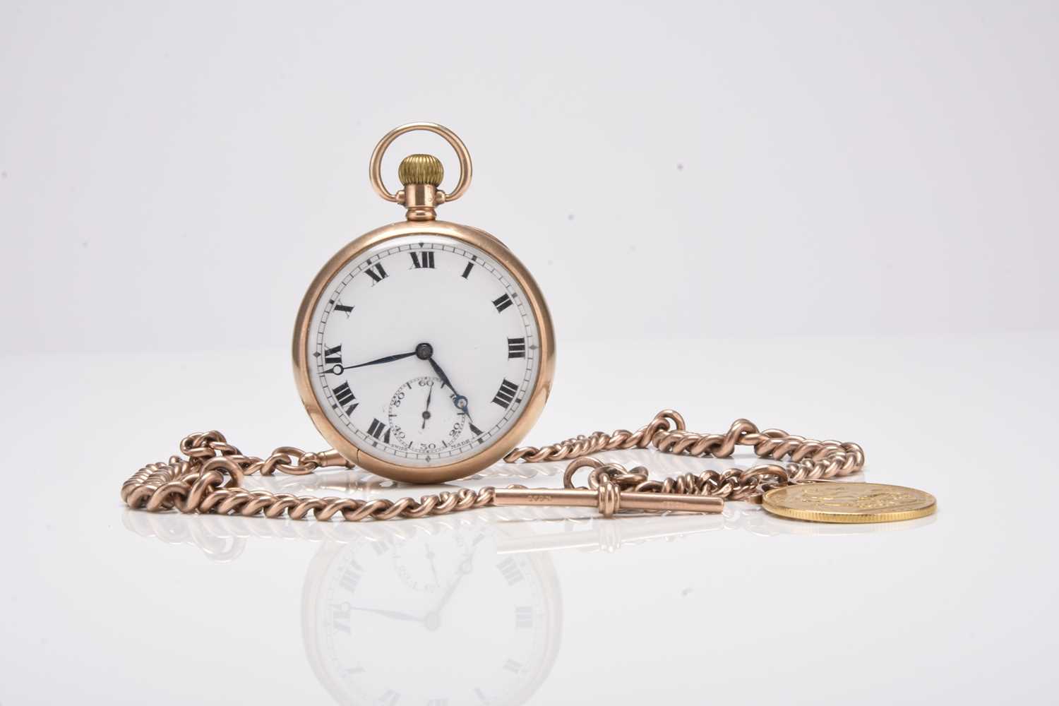 379 - A 9ct gold open face pocket watch with 9ct Albert chain and double sovereign fob
