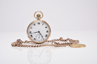 Lot 379 - A 9ct gold open face pocket watch with 9ct Albert chain and double sovereign fob