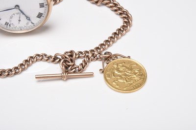 Lot 379 - A 9ct gold open face pocket watch with 9ct Albert chain and double sovereign fob