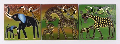 Lot 169 - Mbwana Sudi (Tanzanian 1960-2014) Mother and cub, trio, Tingatinga school
