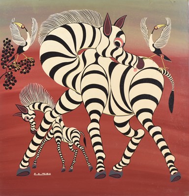 Lot 176 - Abdul Amonde Mkura (Tanzanian,1954-2023) Mother zebra and foal, Tingatinga school