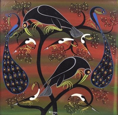 Lot 215 - Rashid Aussi Jaffary (Tanzanian 1960-2008), Birds in a Tree, Tingatinga school
