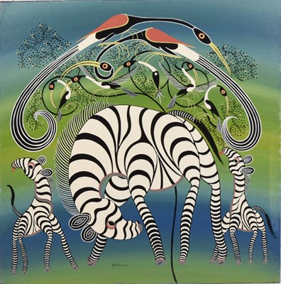 Lot 231 - Mbwana Sudi (Tanzanian 1960-2014) Zebra family surrounded by birds in a tree