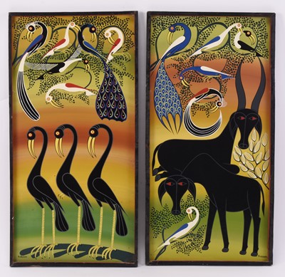 Lot 249 - R H Bushiry, Tanzanian animal scenes, a pair, Tingatinga school (3)