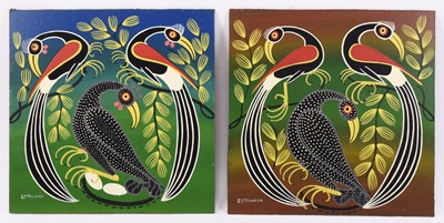 Lot 136 - Mbwana Sudi (Tanzanian 1960-2014) Birds trio, a pair, Tingatinga school