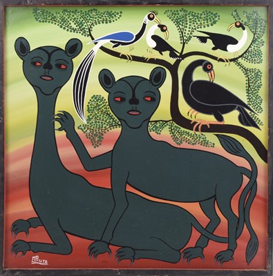Lot 421 - Hashim Mruta Bushier (Tanzanian 1942-1998) Two panthers, Tingatinga school