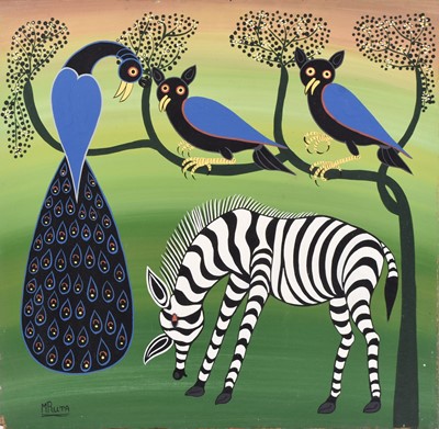 Lot 422 - Hashim Mruta Bushier (Tanzanian 1942-1998) Zebra and birds perched in tree
