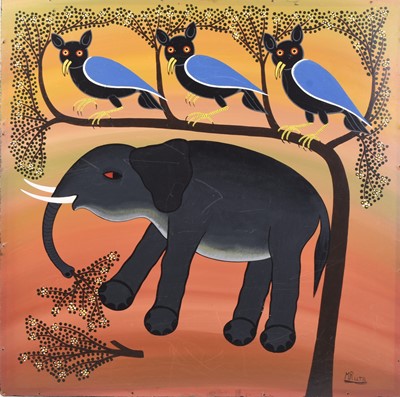 Lot 423 - Hashim Mruta Bushier (Tanzanian 1942-1998) Zebra and birds perched in tree