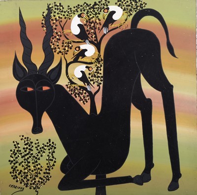 Lot 425 - Mohamed Wasia Charinda (Tanzanian 1947-2021), Kneeling antelope, Tingatinga school