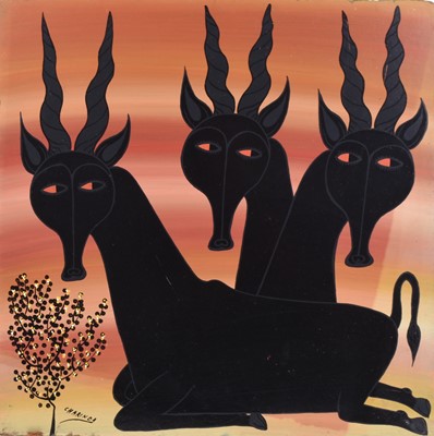 Lot 427 - Mohamed Wasia Charinda (Tanzanian 1947-2021), Three antelope resting, Tingatinga school