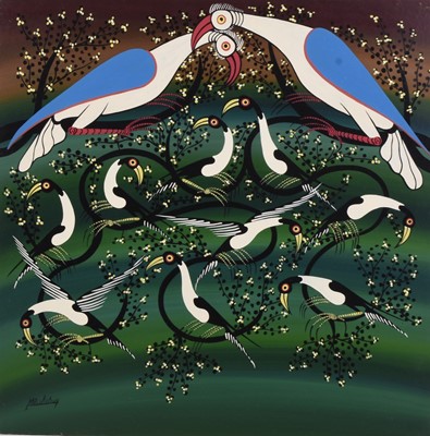 Lot 111 - Mauribuy (Tanzanian) Flock of birds in tree, Tingatinga school