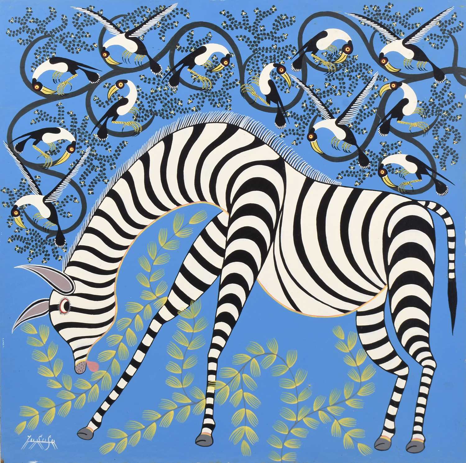 Lot 19 - Yusufu (Tanzanian) Zebra grazing with birds above