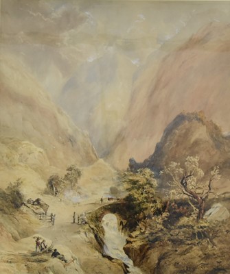Lot 357 - Attributed to Aaron Edwin Penley (1807-1870) Large extensive valley landscape with bridge over the river