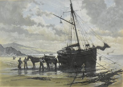Lot 286 - John Michael Groves (1937-2019) Unloading a Fishing Vessel on the Shore