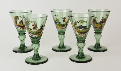 Lot 258 - A set of five German enamelled wine glasses, 19th century