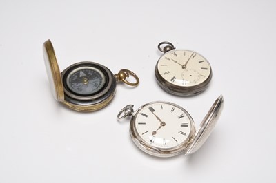 Lot 382 - Two silver pocket watches and a pocket compass