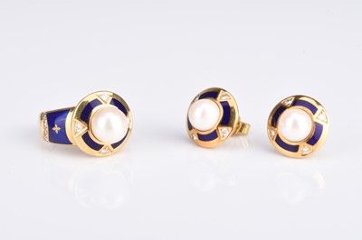 Lot An 18ct gold Faberge enamel and cultured pearl ring and earring suite