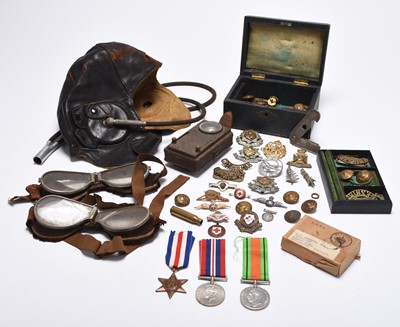 Lot 222 - WW2 RAF medals, flying helmet, two pairs of goggles, other militaria
