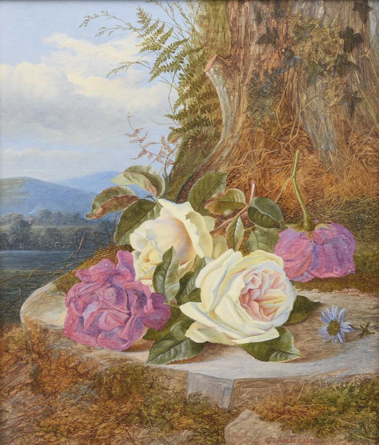 Lot 23 - Charles Archer (1855-1931) Still Life Study of Cut Roses on a Ledge above a Lake
