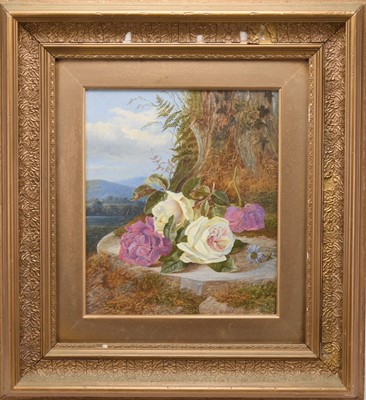 Lot 23 - Charles Archer (1855-1931) Still Life Study of Cut Roses on a Ledge above a Lake