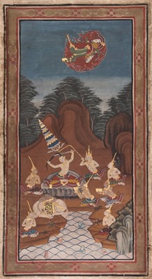 Lot 4 - Thai school, 19th/20th century, three paintings on textile of mythological scenes