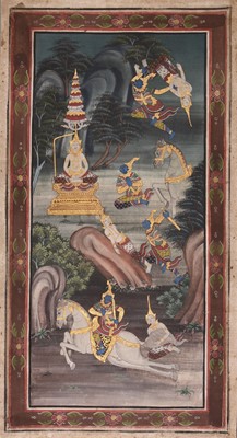 Lot 4 - Thai school, 19th/20th century, three paintings on textile of mythological scenes