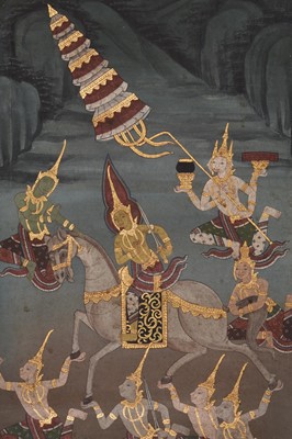 Lot 4 - Thai school, 19th/20th century, three paintings on textile of mythological scenes