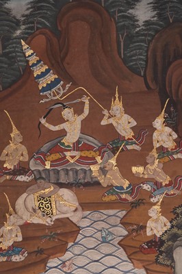 Lot 4 - Thai school, 19th/20th century, three paintings on textile of mythological scenes